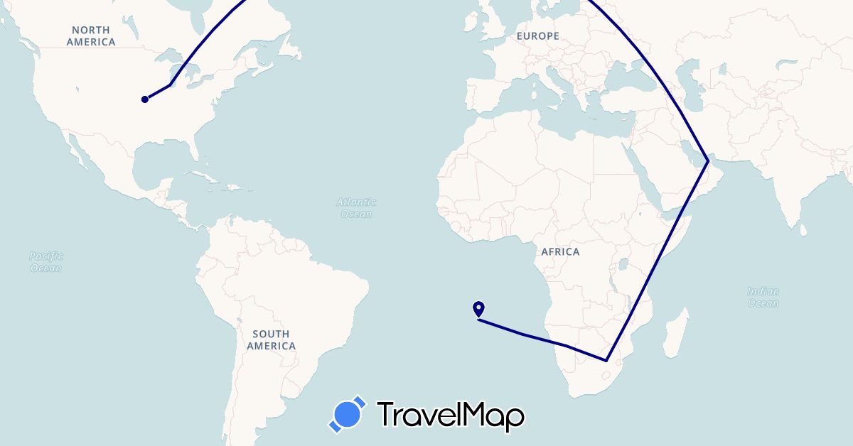 TravelMap itinerary: driving in United Arab Emirates, Namibia, Saint Helena, United States, South Africa (Africa, Asia, North America)